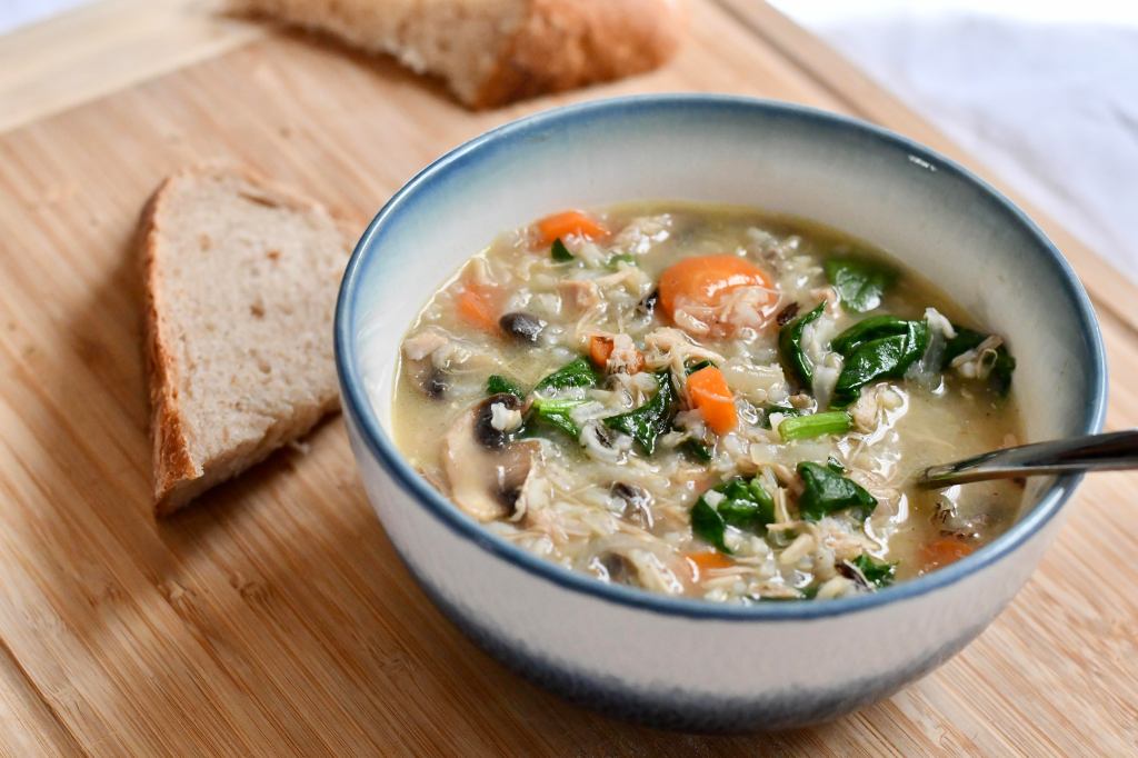 Chicken and wild rice soup with mushrooms and spinach. 